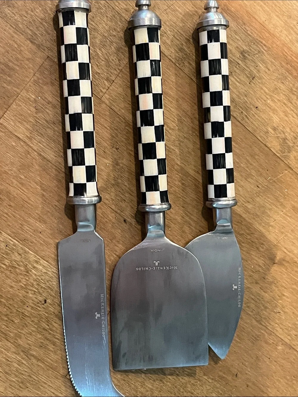 Mackenzie Childs Checkerboard Handle Cheese Knife Set - Black & White